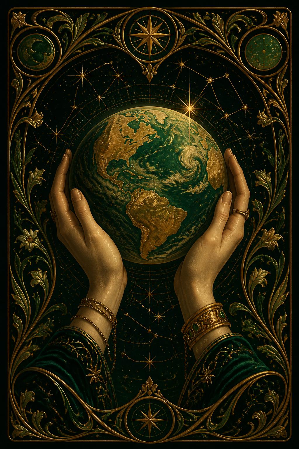 Two hands gently holding the Earth surrounded by stars and celestial patterns
